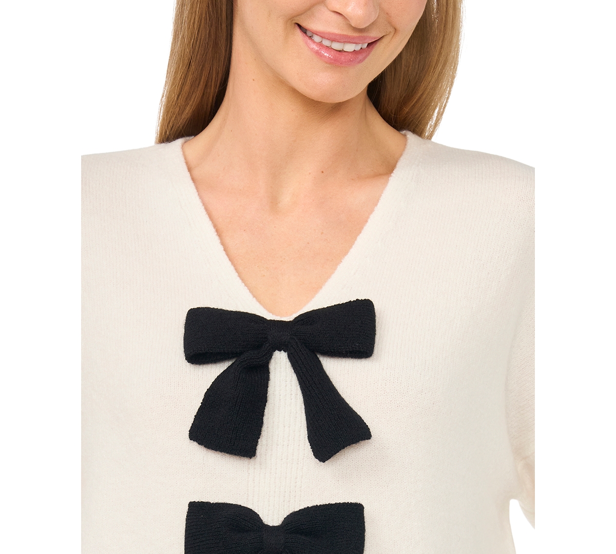 CeCe Women's Contrast Bow Detail V-Neck Long Sleeve Sweater