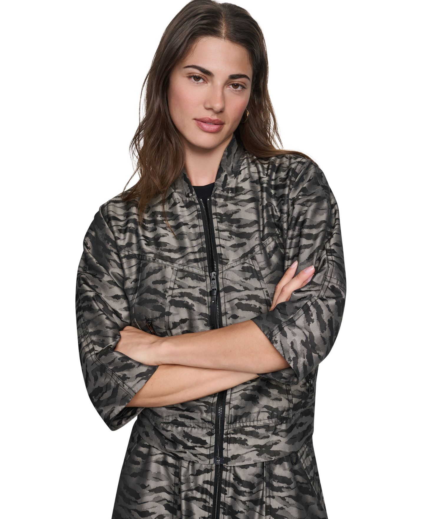 Женская куртка-бомбер DKNY с животным принтом и рукавами 3/4, цвет: Putty — фото 1