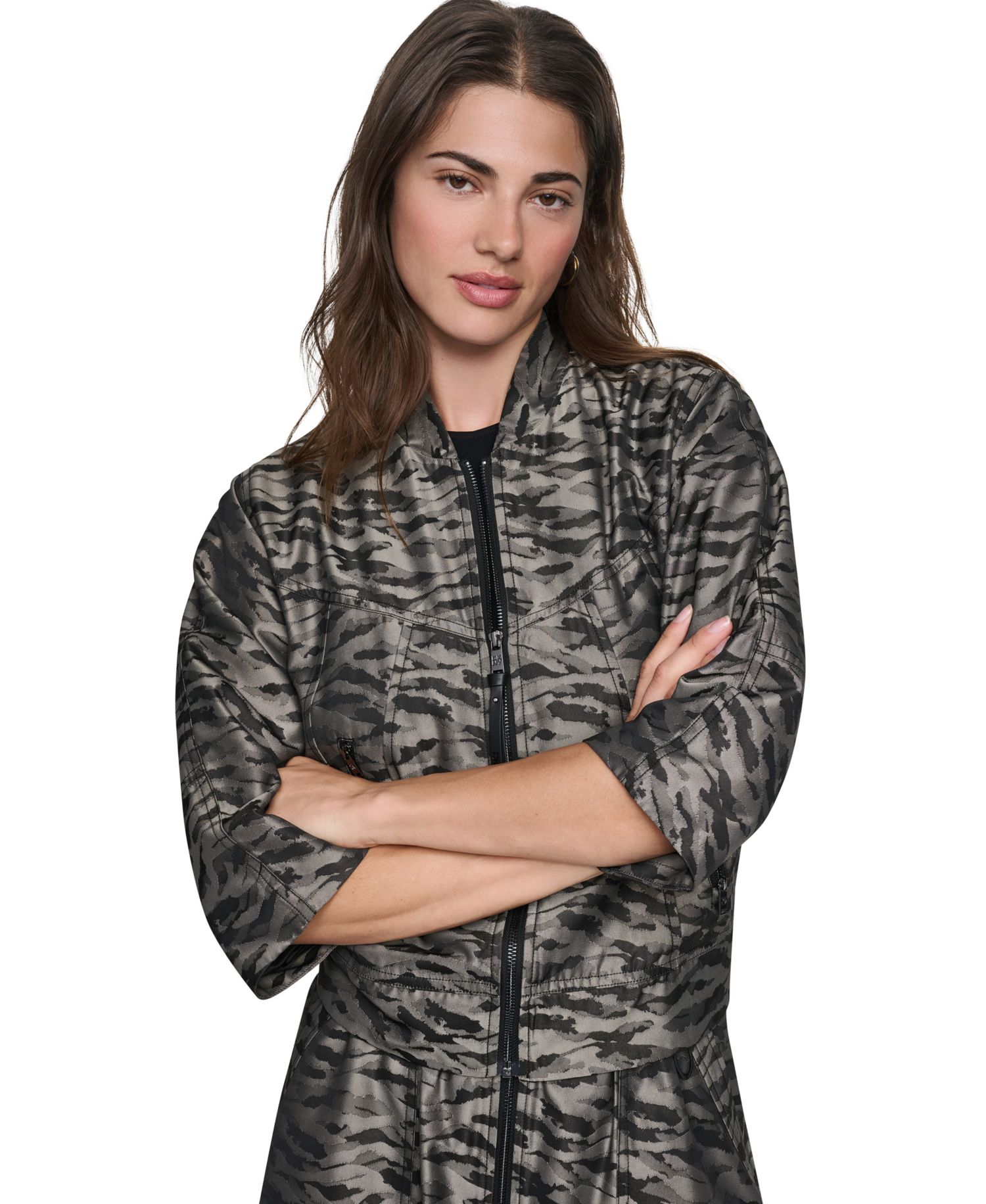 Women's Animal-Print 3/4-Sleeve Bomber Jacket