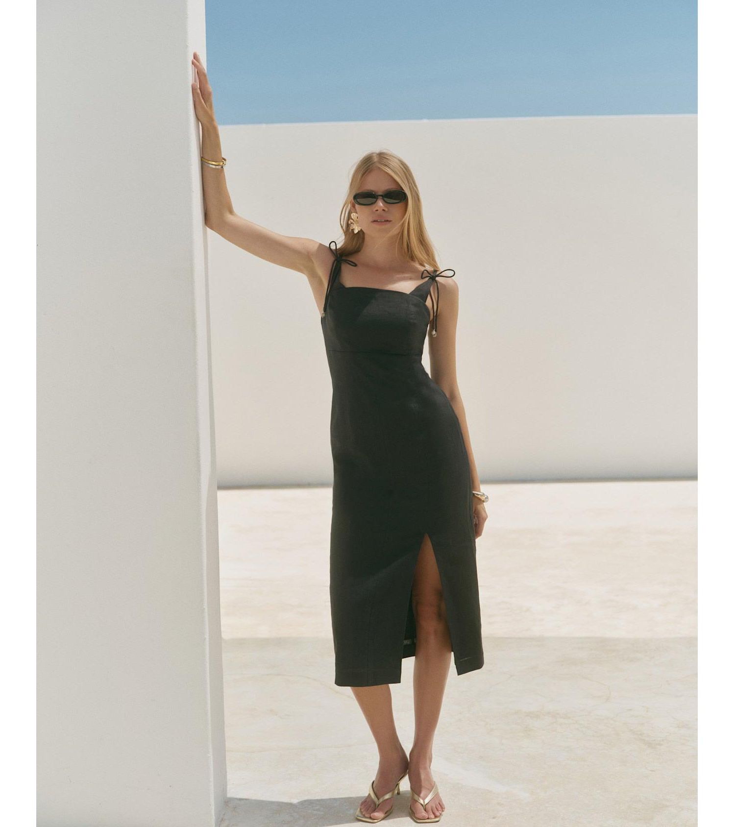 Women's Square Neckline Sleeveless Bow Detail Midi Dress