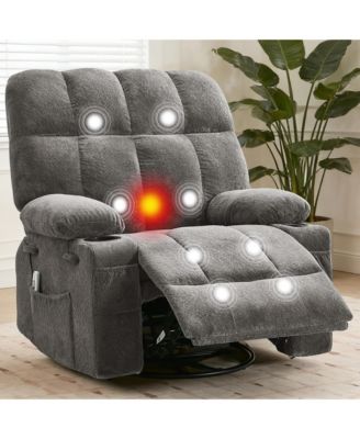 Oversized Swivel Rocker Recliner With Heat and Massage, 8 Vibration Massage Nodes, Lumbar Heat Therapy, Soft Fabric, Cup Holders, For Living Room