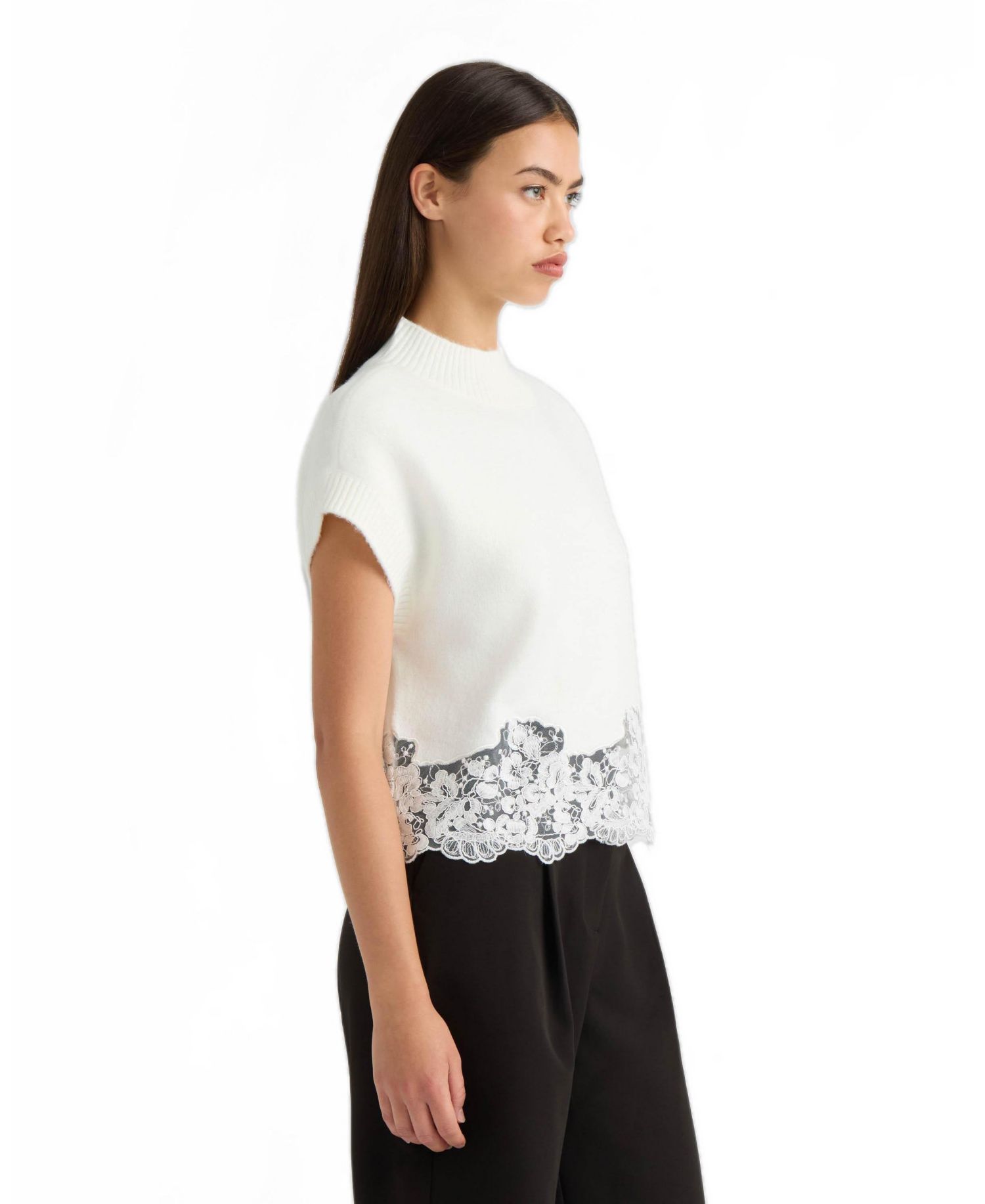 Women's Mock Neck Lace Hem Sleeveless Sweater