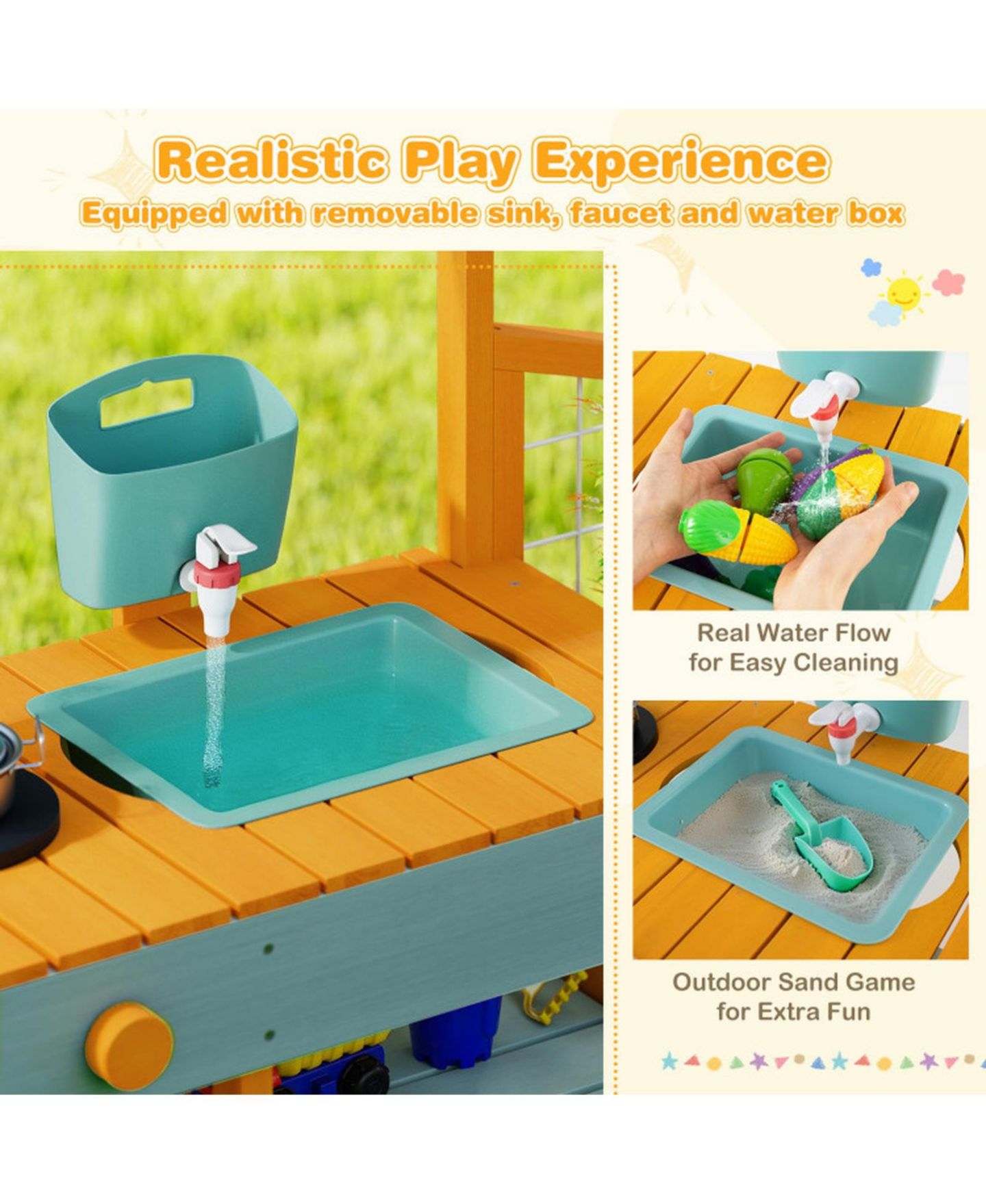 Игровой набор Sugift Mud Kitchen с ящиками для растений и съёмной раковиной, от 3 до 8 лет, цвет: Жёлтый — фото 7
