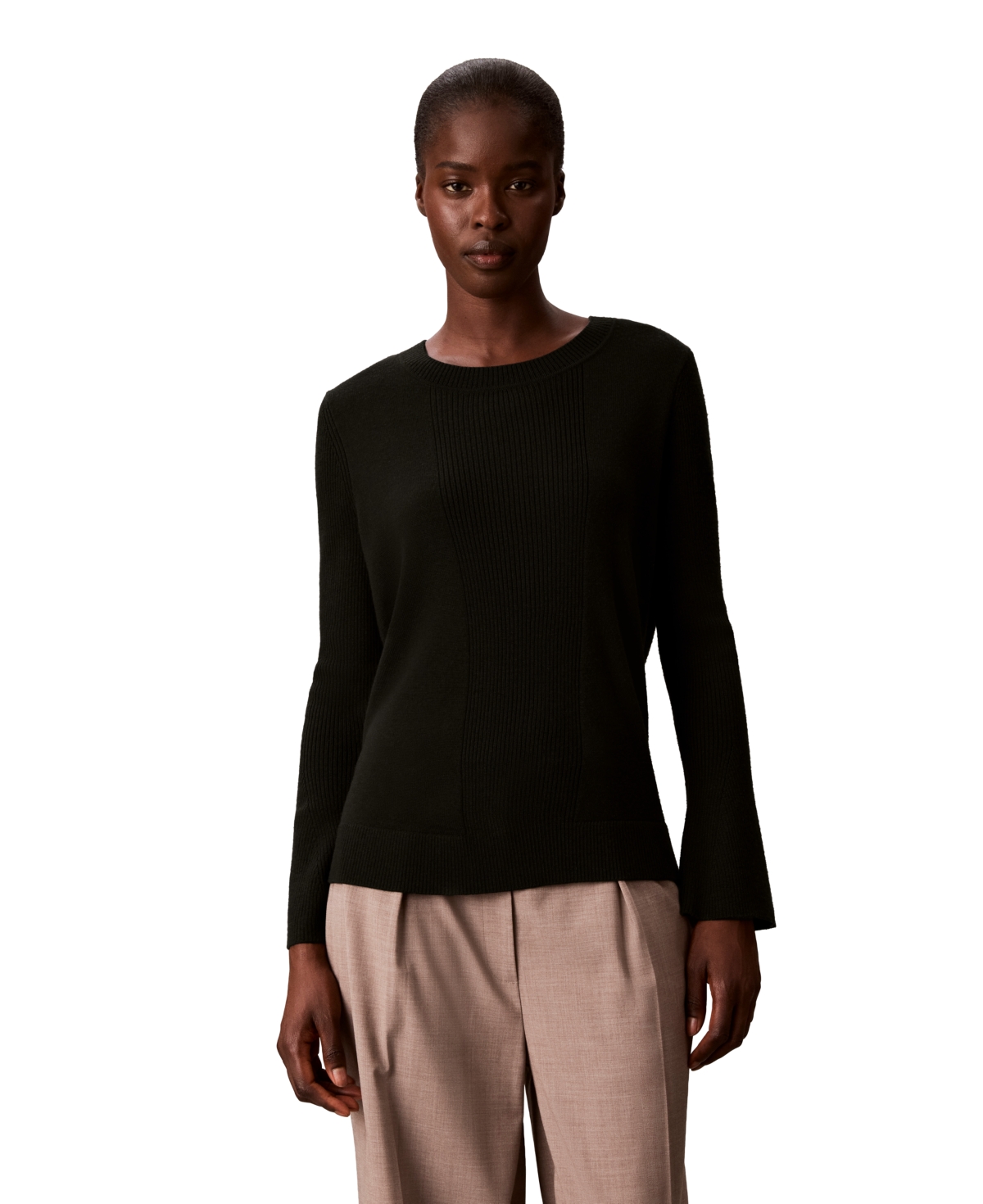 Calvin Klein Women's Petite Ribbed Sculpted-Sleeve Crewneck Sweater - Black