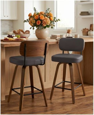 29" Mid-Century Swivel Bar Height Bar Stool, Faux Leather Kitchen Stool