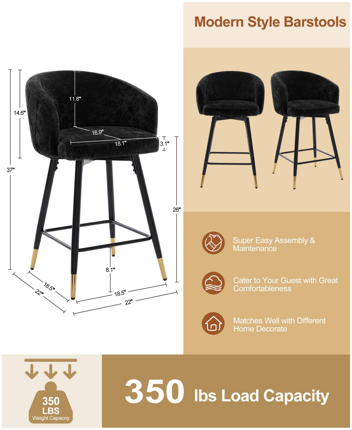 Bekrvio 26" Swivel Counter Height Bar Stools, Upholstered Barrel Back Kitchen Island Stools