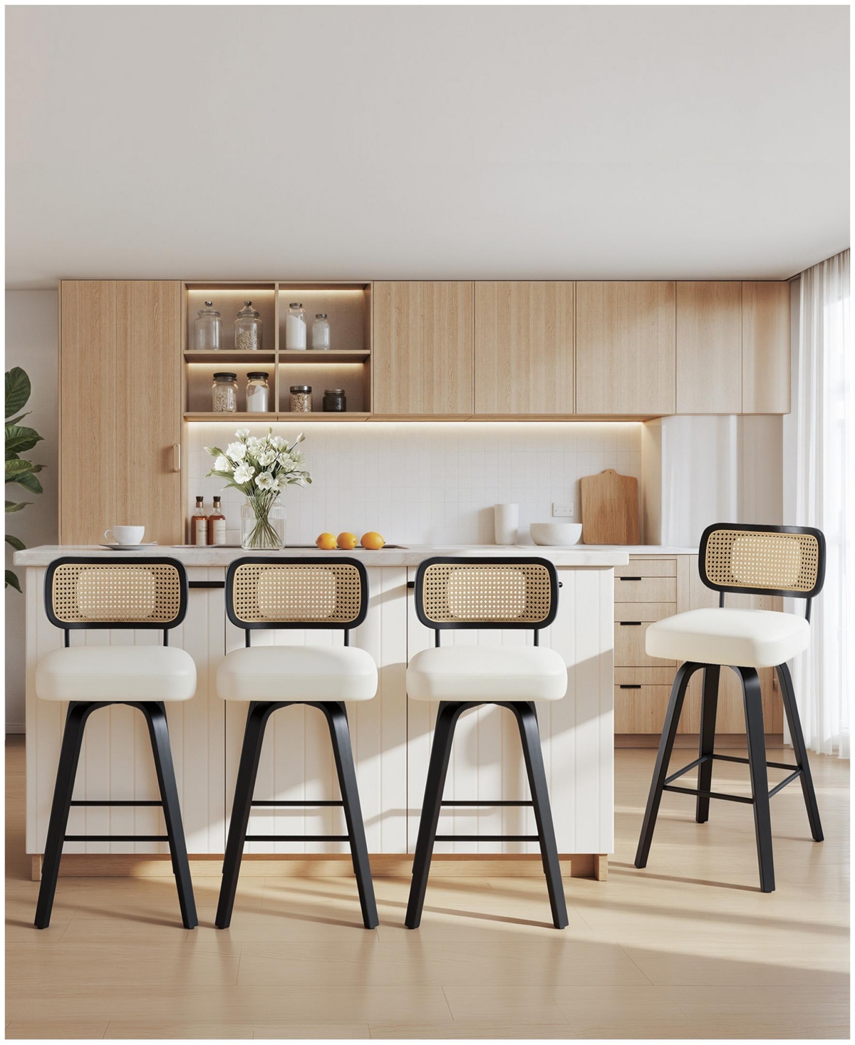 Bekrvio 26" Mid-Century Swivel Counter Height Bar Stools, Rattan Back and Faux Leather Kitchen Stools - Rattan white