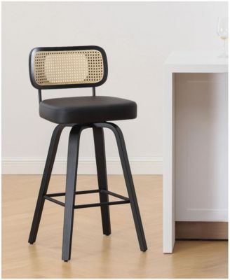 26" Mid-Century Swivel Counter Height Bar Stools, Rattan Back and Faux Leather Kitchen Stools