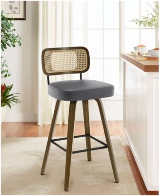29" Mid-Century Swivel Bar Height Bar Stools, Rattan Back and Faux Leather Kitchen Stools