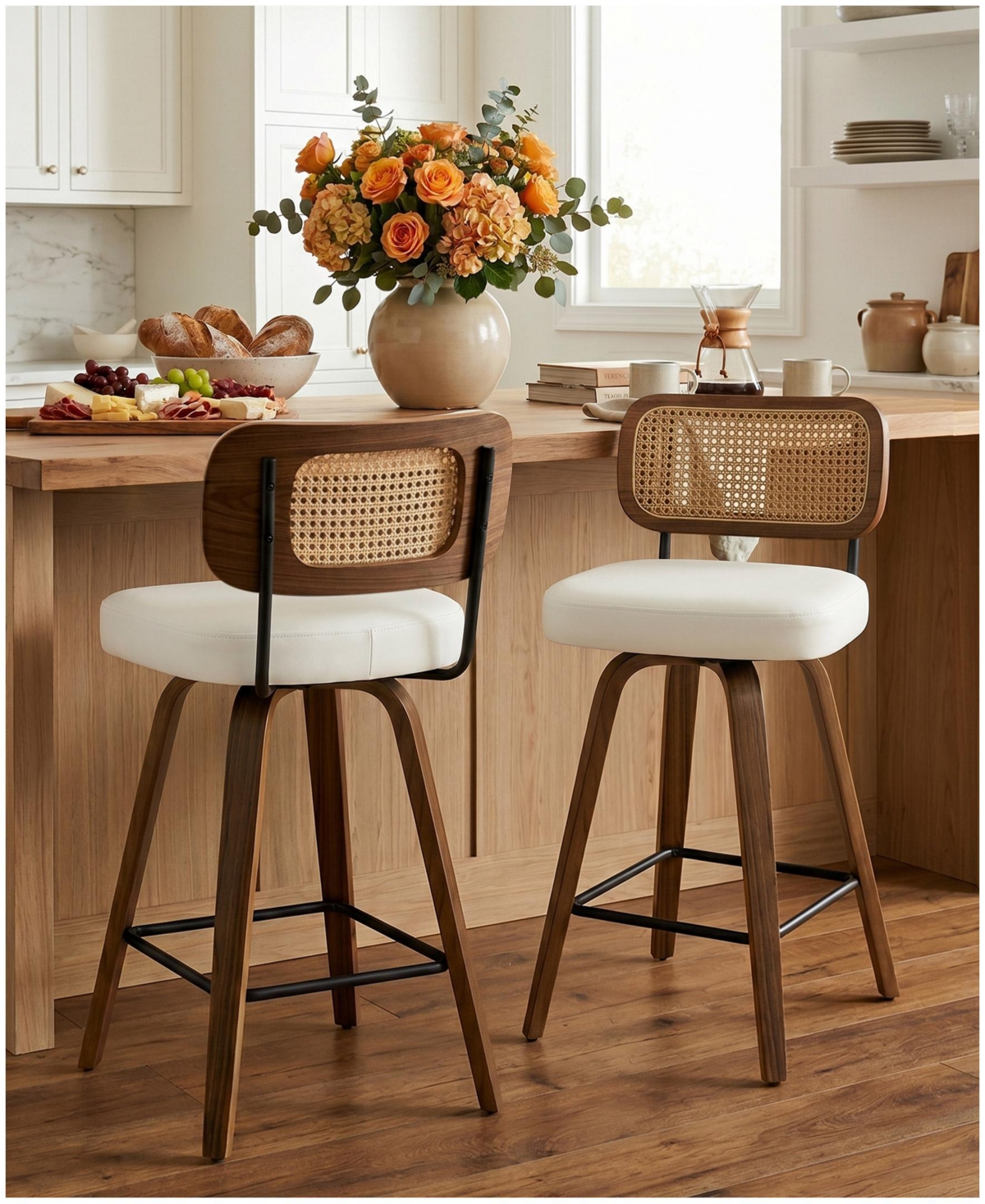 Bekrvio 29" Mid-Century Swivel Bar Height Bar Stools, Rattan Back and Faux Leather Kitchen Stools - Rattan white