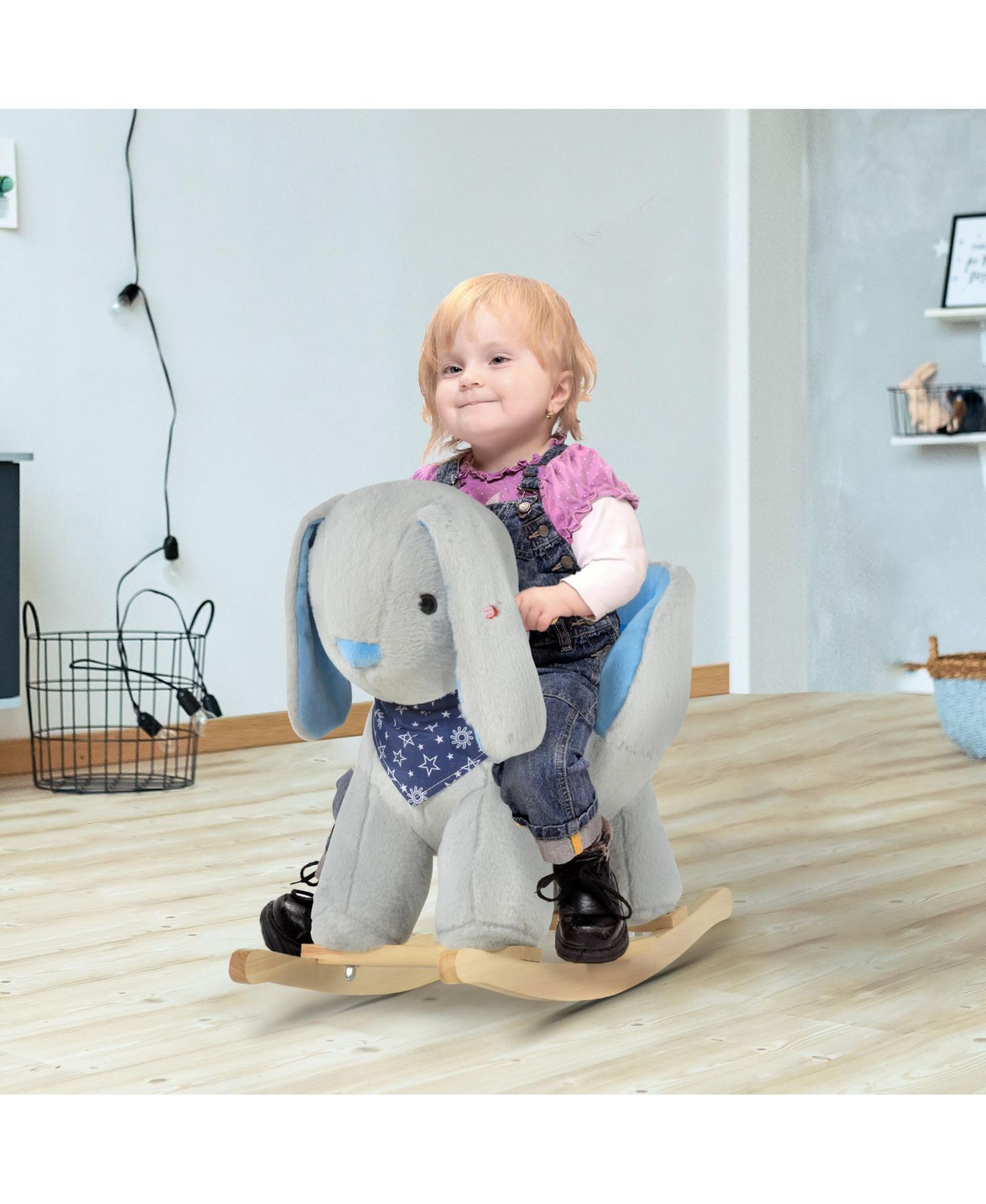 Детские мягкие игрушки Glintex Kids Rocking Horse Bunny Rocker with Lullaby Music, Plush Ride-On Toy with Wood Base and Seat Belt for Toddlers 18-36 Months, Grey, цвет: Серый — фото 3