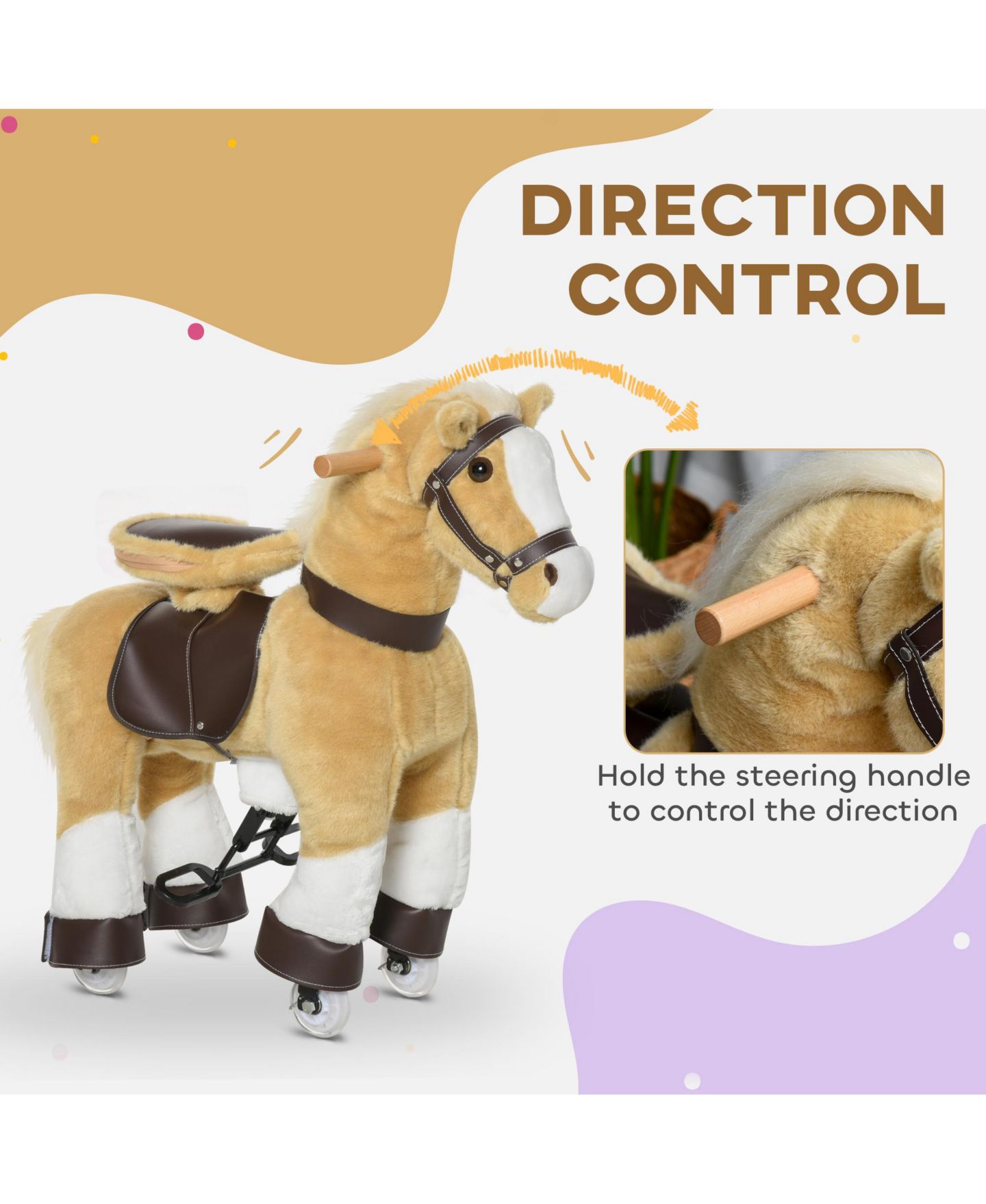 Детская мягкая игрушка Glintex Ride On Walking Horse Plush Toy with Pedal Drive and Steering Handlebars, Holds 130 lbs, Ages 3-8, цвет: Светлый коричневый — фото 4