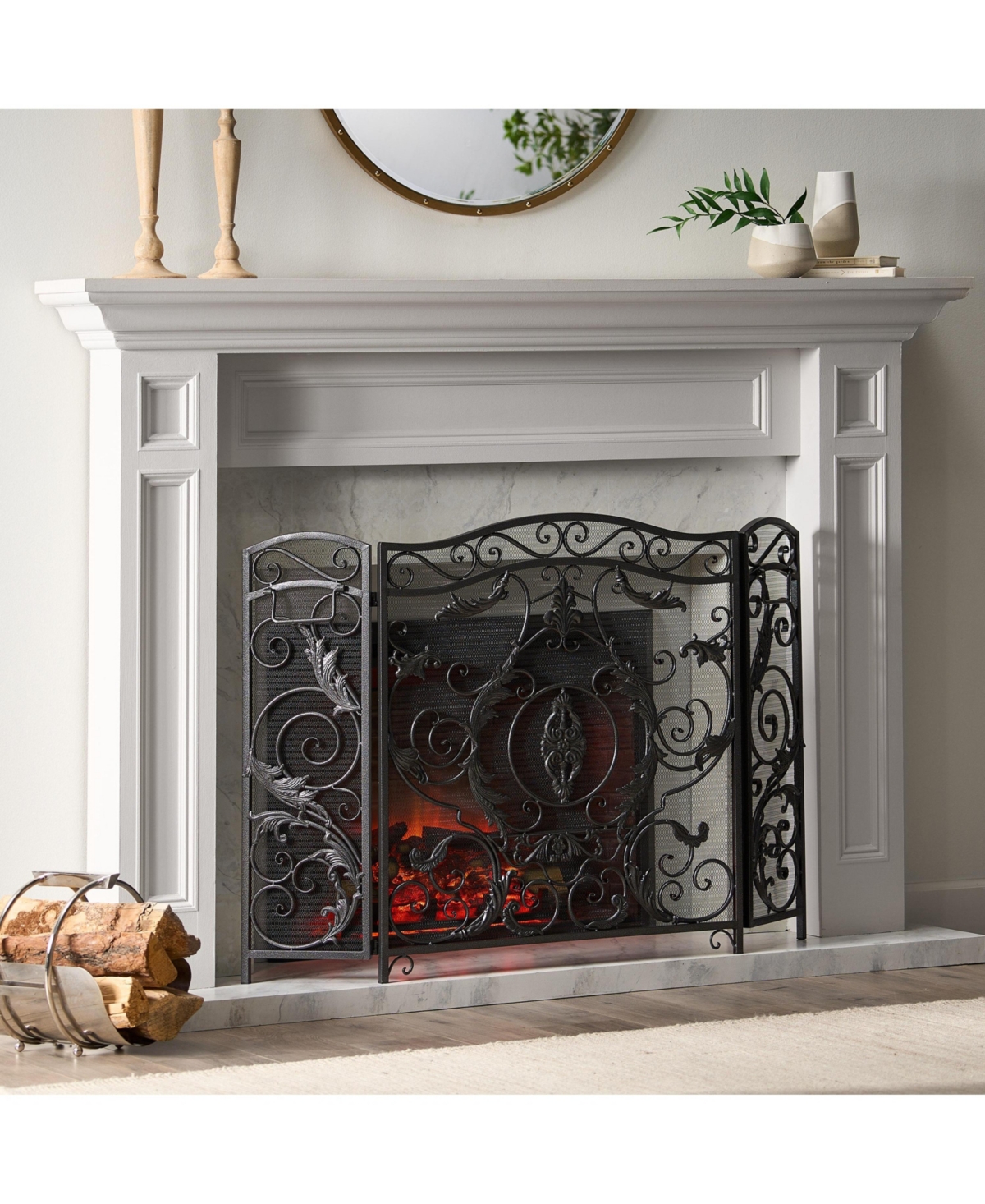 sumyeg Traditional 3 Panel Folding Fireplace Screen with Iron Frame and Decorative Scrollwork