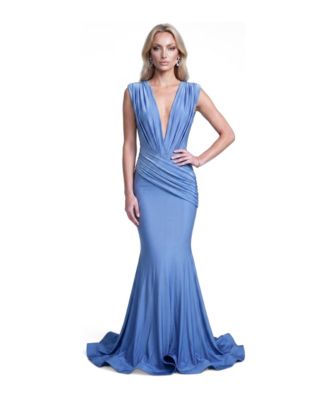 Women's Ruched Plunge Pleated Sleeveless Mermaid Gown