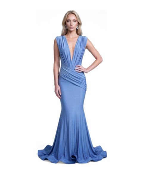 Женское платье Jessica Angel Ruched Plunge Pleated Sleeveless Mermaid Gown, цвет: Синий