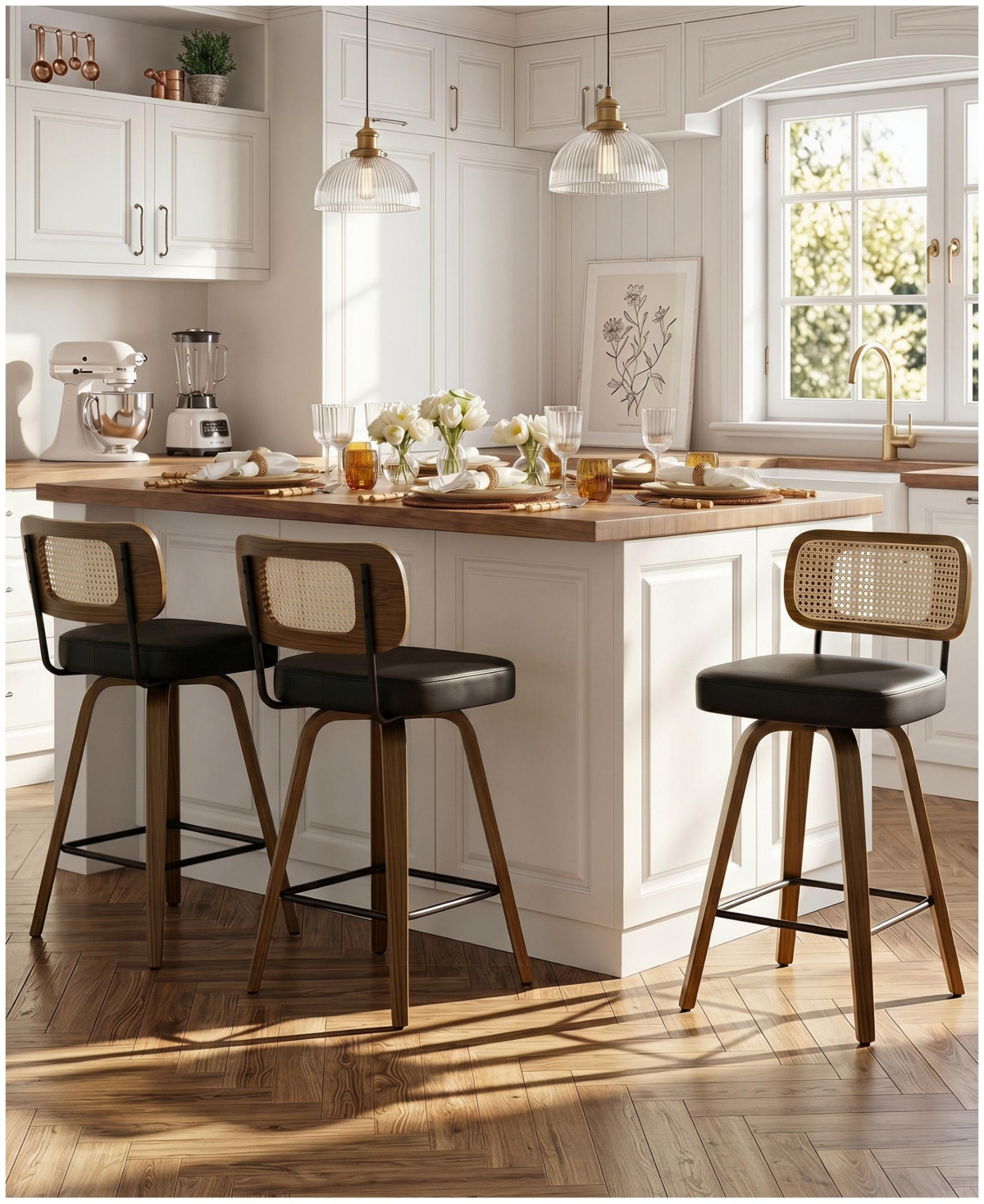 Bekrvio 29" Mid-Century Swivel Bar Height Bar Stools, Rattan Back and Faux Leather Kitchen Stools - Rattan black