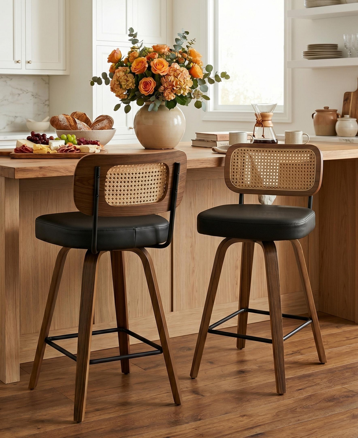 Bekrvio 29" Mid-Century Swivel Bar Height Bar Stools, Rattan Back and Faux Leather Kitchen Stools - Rattan black