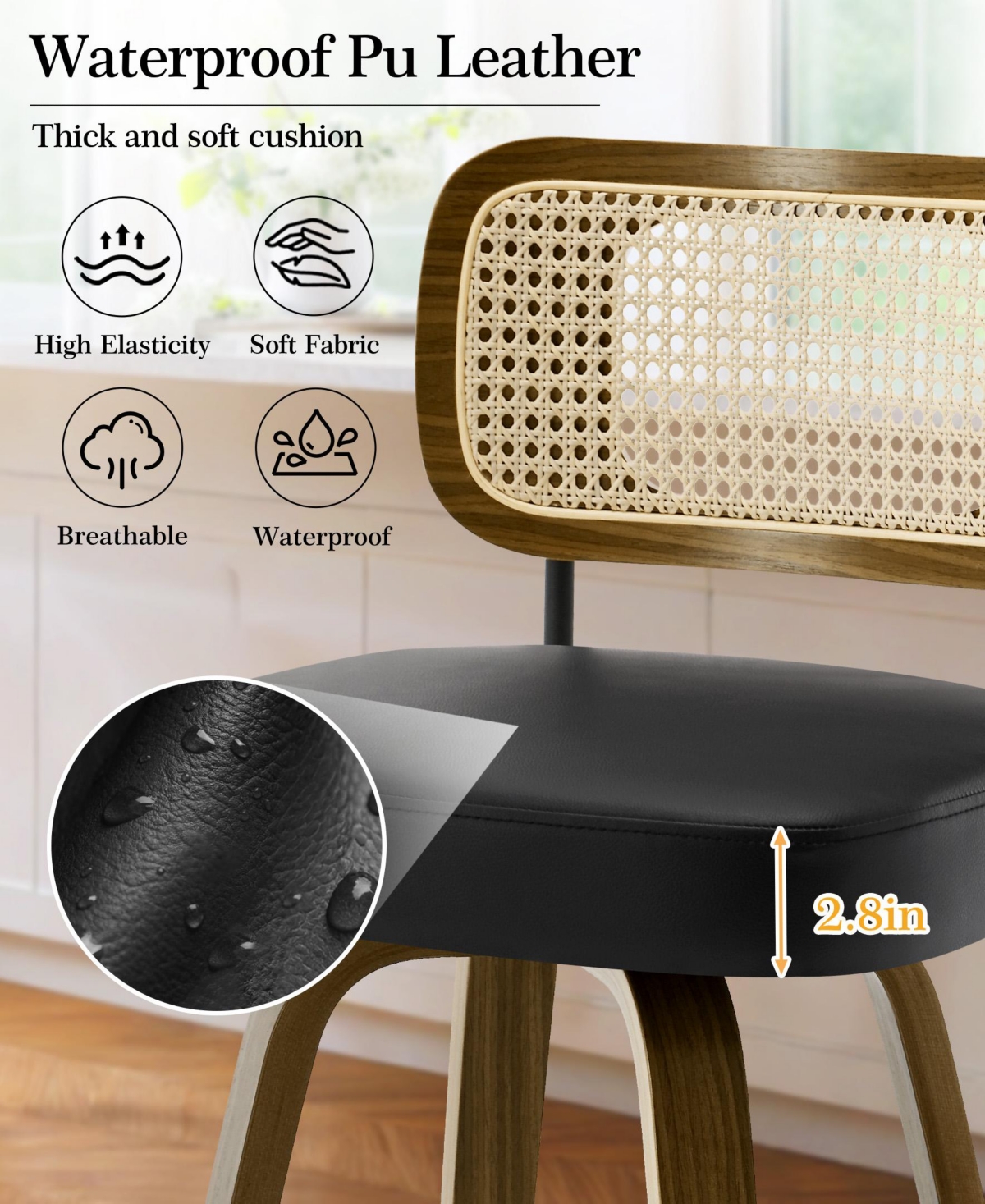 Bekrvio 29" Mid-Century Swivel Bar Height Stools, Rattan Back and Faux Leather Kitchen Stools