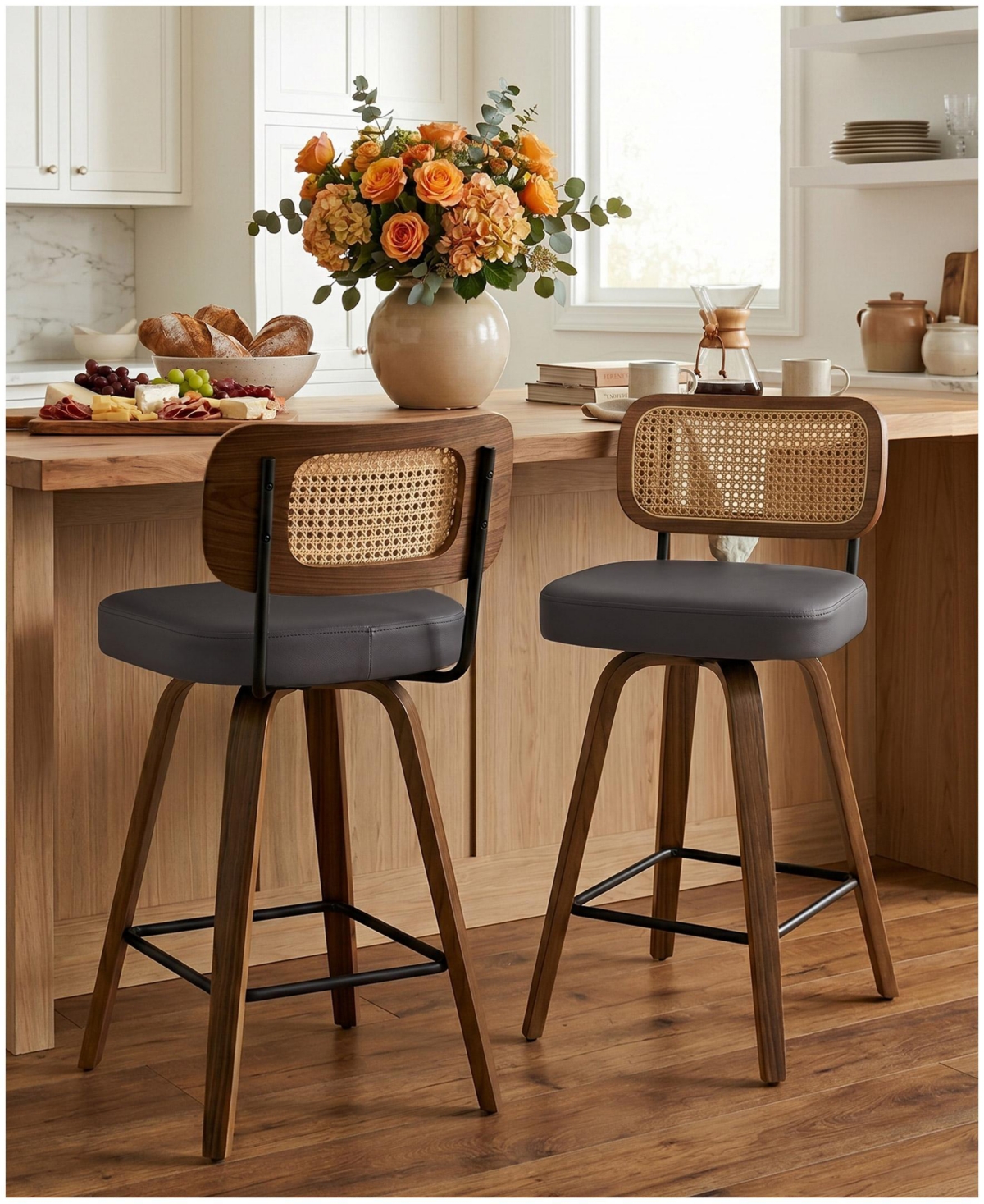 Bekrvio 29" Mid-Century Swivel Bar Height Bar Stools, Rattan Back and Faux Leather Kitchen Stools - Rattan gray