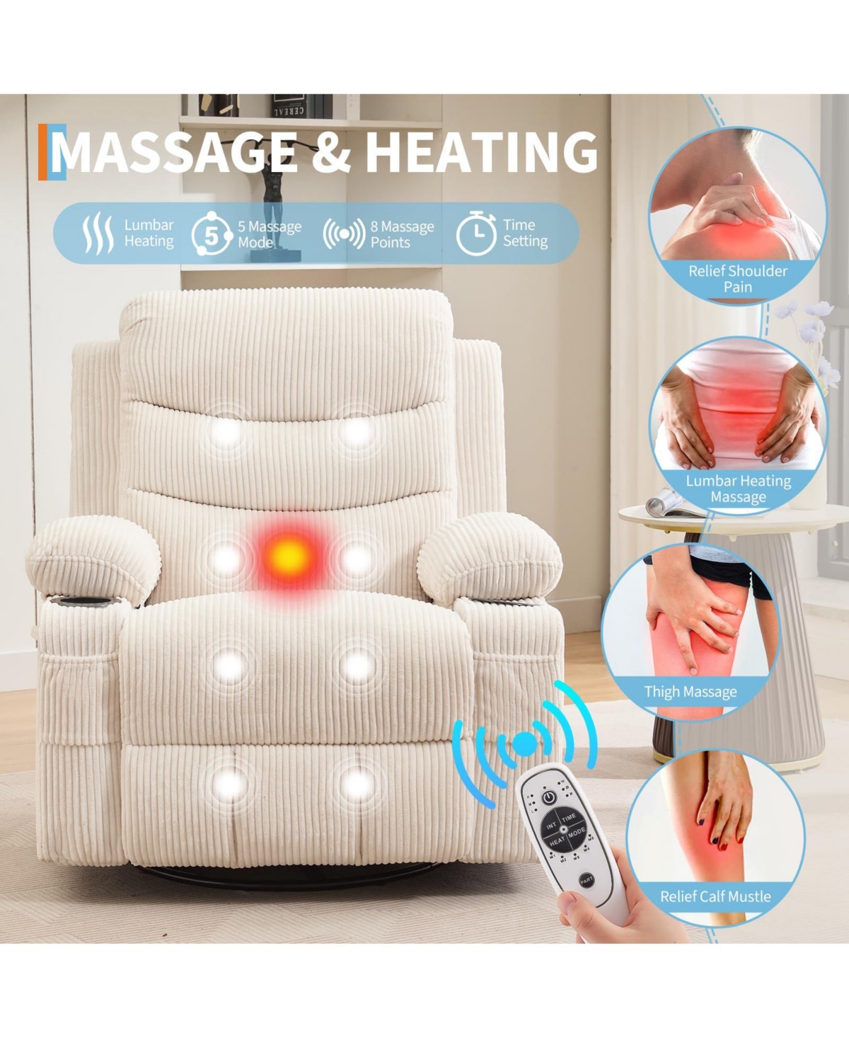 Oversized 360 Degree Swivel Glider Rocker Recliner Chair With Massage and Heating Features, Idea For Living Room, Bedroom
