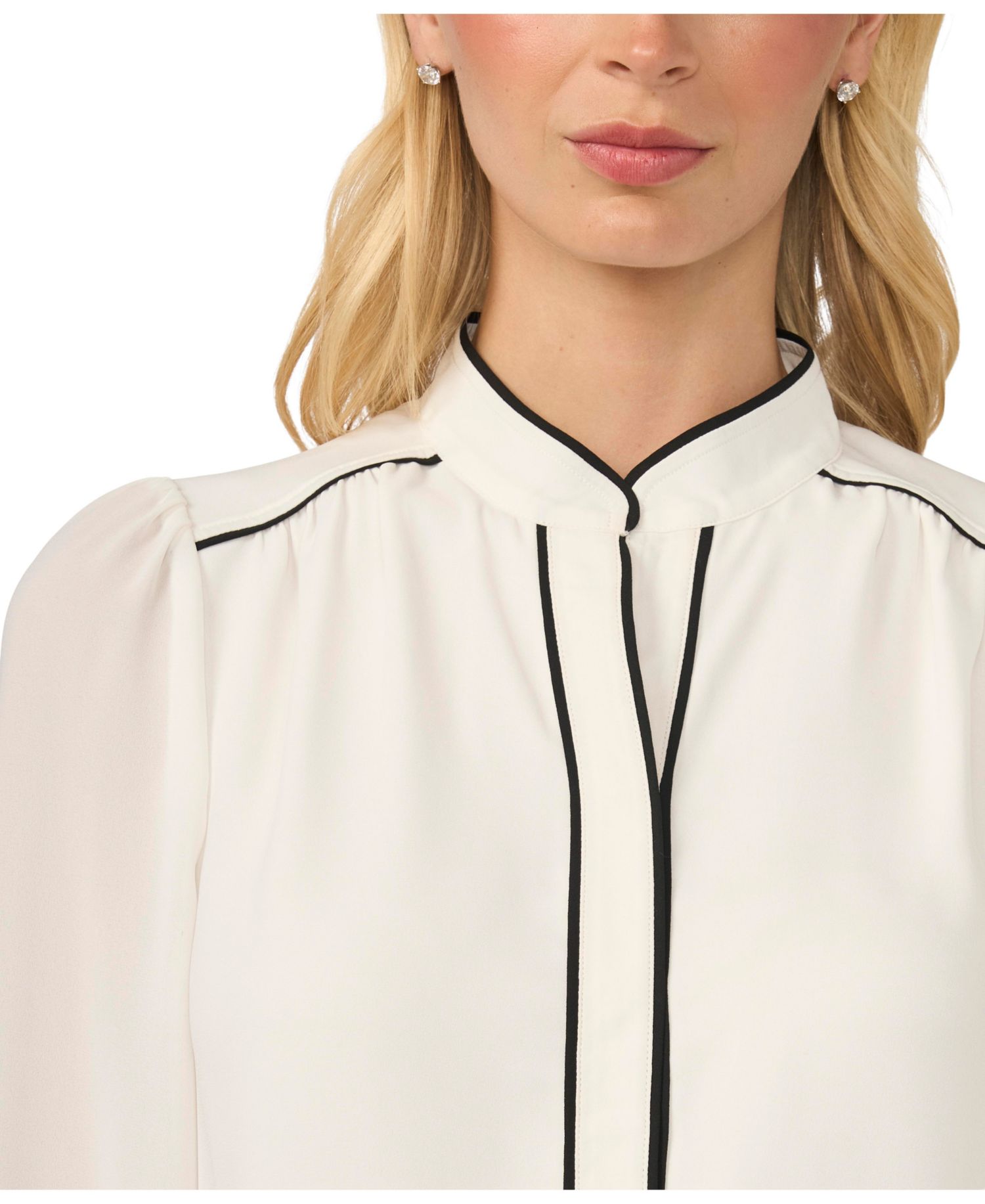 Women's Long-Sleeve Open-Collar Blouse with Contrast Piping