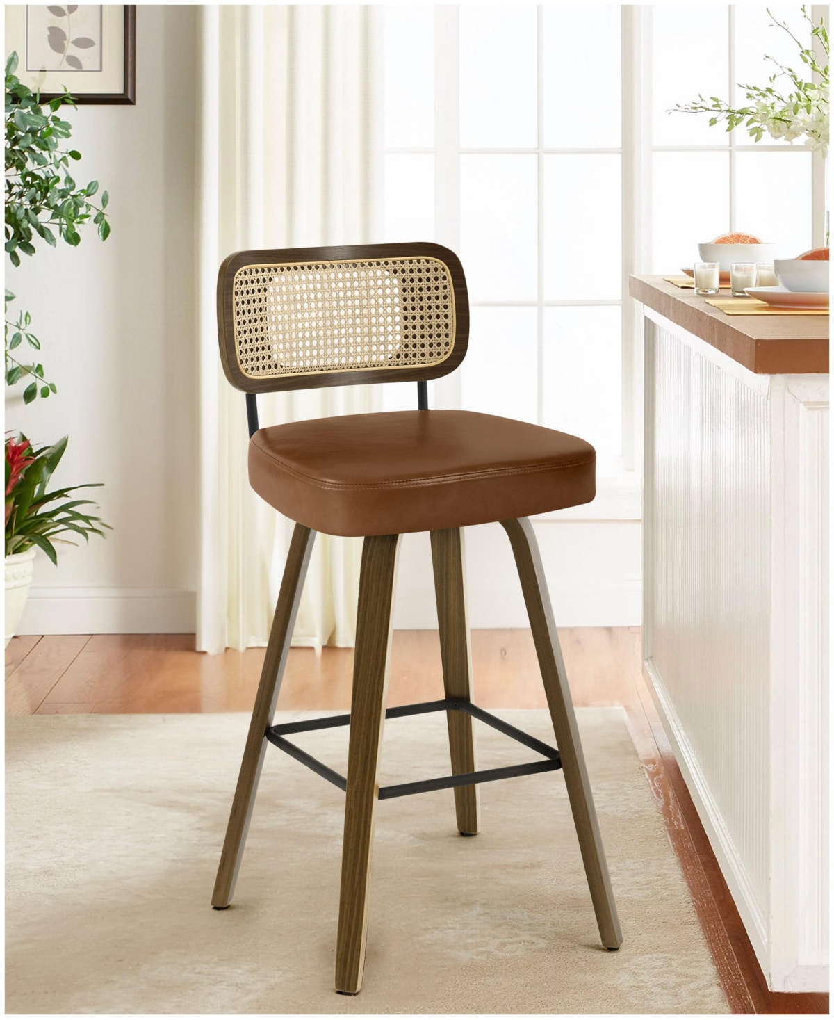 Bekrvio 29" Mid-Century Swivel Bar Height Bar Stools, Rattan Back and Faux Leather Kitchen Stools - Rattan brown