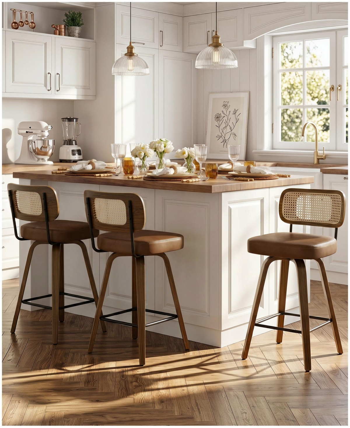 Bekrvio 29" Mid-Century Swivel Bar Height Bar Stools, Rattan Back and Faux Leather Kitchen Stools - Rattan brown