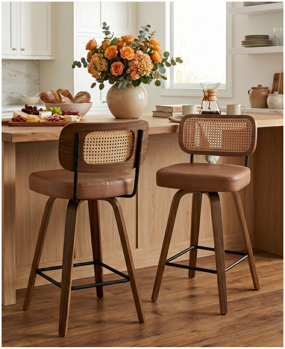 Bekrvio 29" Mid-Century Swivel Bar Height Bar Stools, Rattan Back and Faux Leather Kitchen Stools - Rattan brown