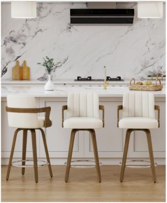 29" Mid-Century Swivel Bar Height Stools, High Back Faux Leather Bar Stools