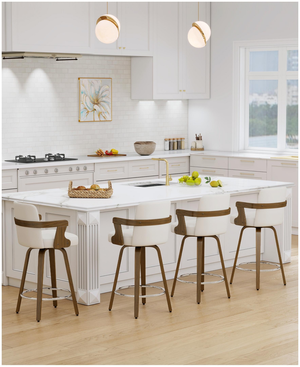 Bekrvio 26" Mid-Century Swivel Counter Height Bar Stools, High Back Faux Leather Kitchen Stools - Pu white