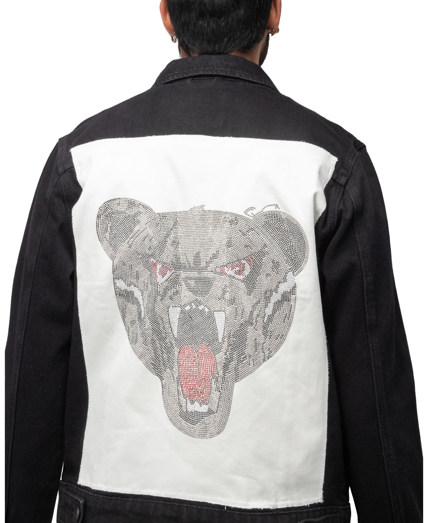 Men's Rhine Stone Graphic Back Denim Trucker Jacket