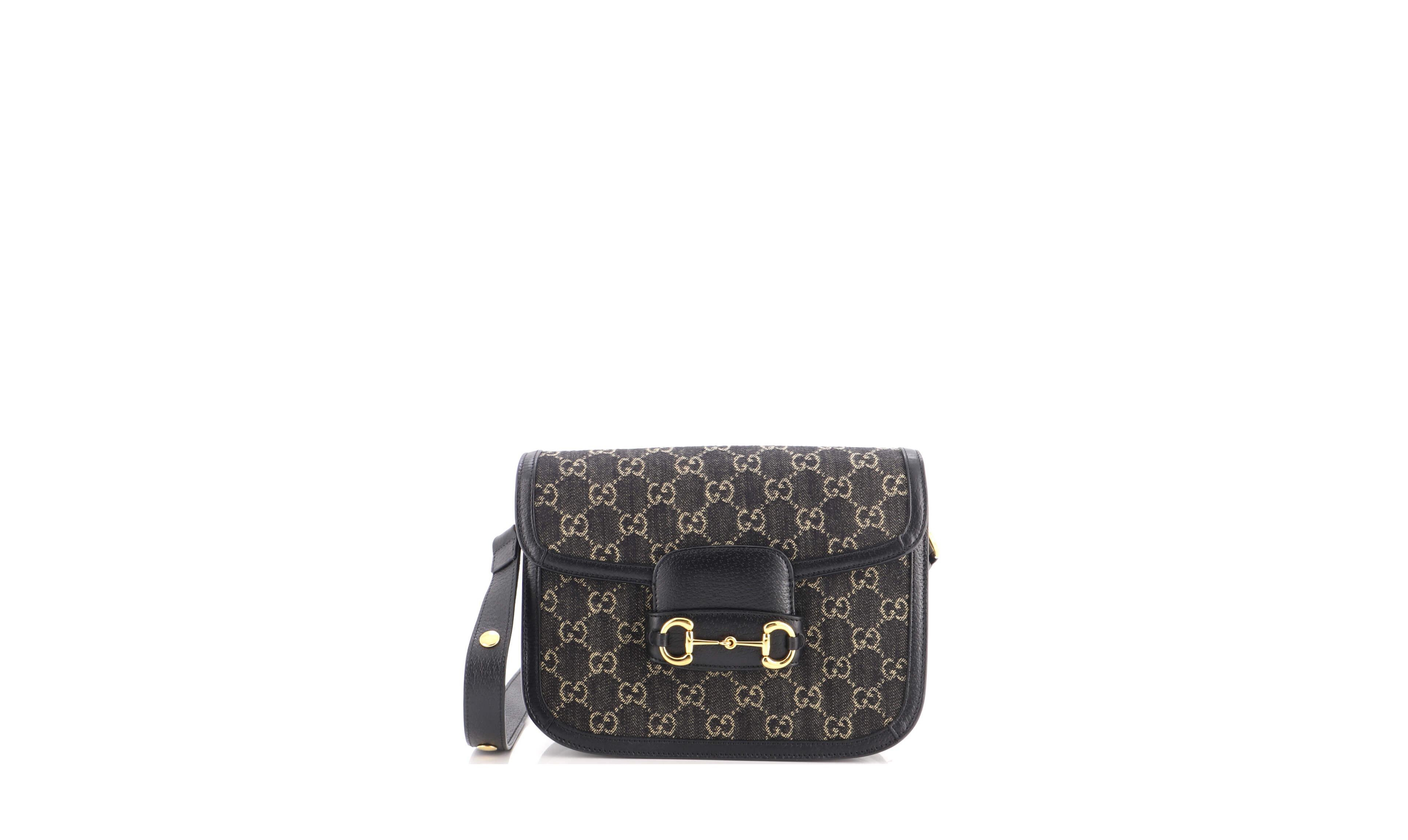 Pre-Owned Gucci Horsebit 1955 Small Denim Adjustable-Strap Shoulder Bag, 9"W x 7"H x 3"D