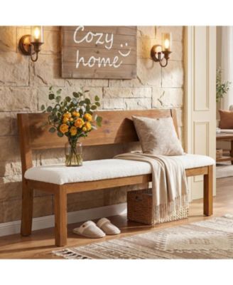 55" Solid Wood Entryway Bench, Farmhouse Dining Bench with Back | Long Window Bench with Cushion, Upholstered Storage Bench