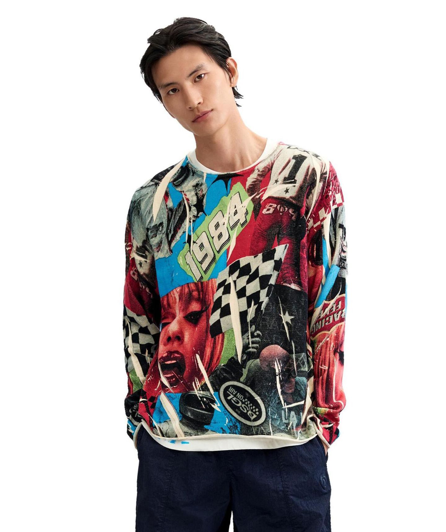 Мужской свитер Desigual Graphic Design 1984 Motif Cotton, цвет: Тёмный серый — фото 1