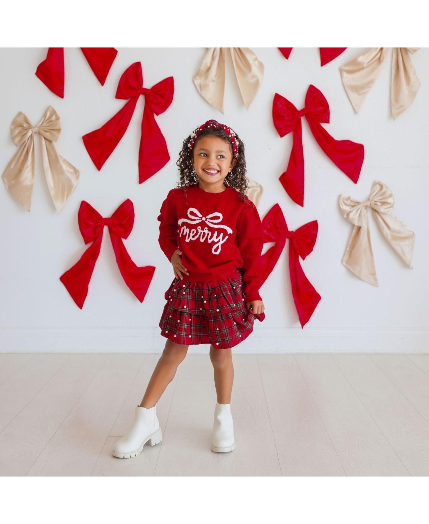 Girls' 4-16 Merry Bow Crewneck Long-Sleeve Sweater