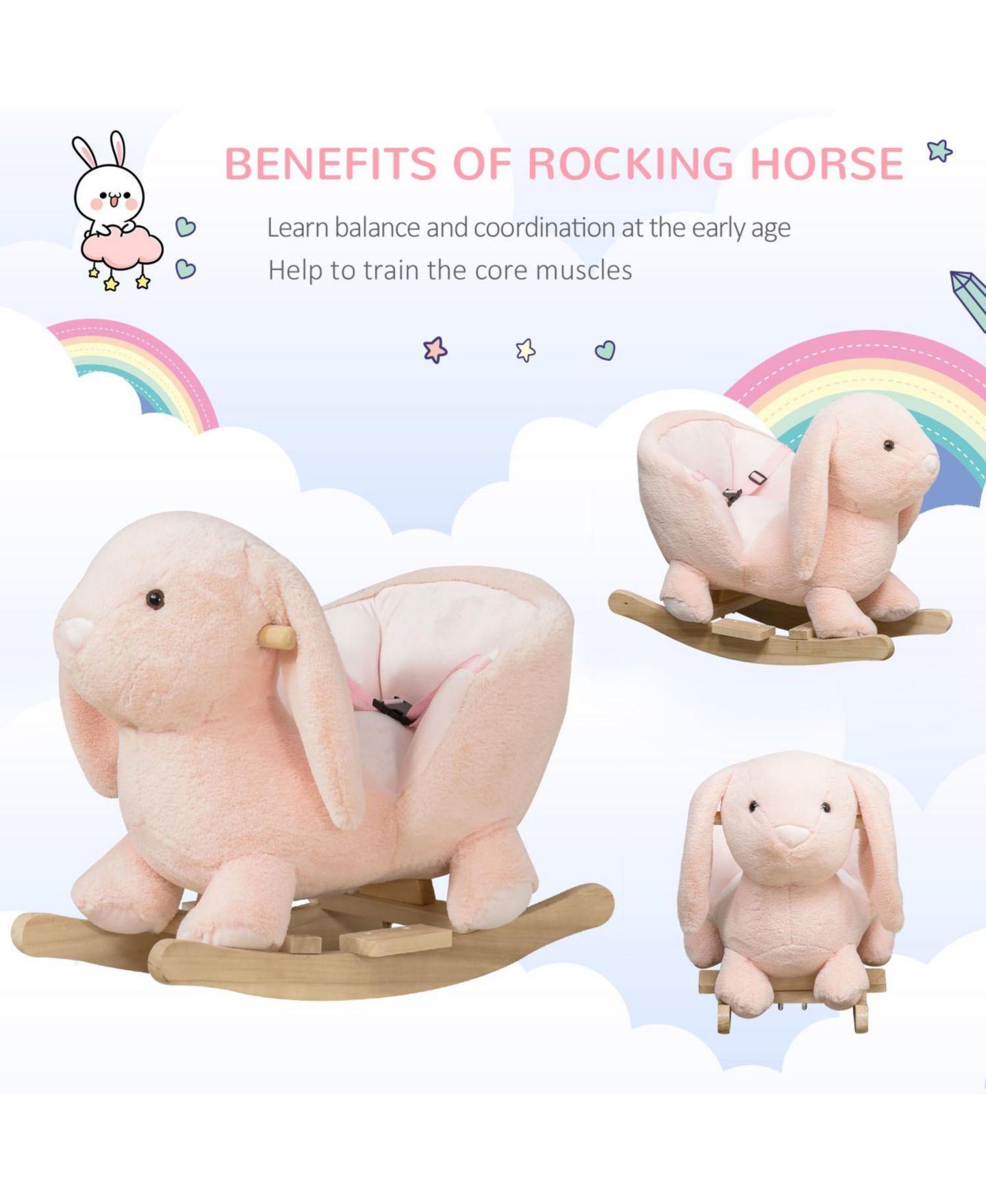Детская мягкая игрушка Glintex Rocking Rabbit Plush Ride-On Rocker with Realistic Sound, 88-lb Capacity, Ages 18-36 Months, цвет: Розовый — фото 2