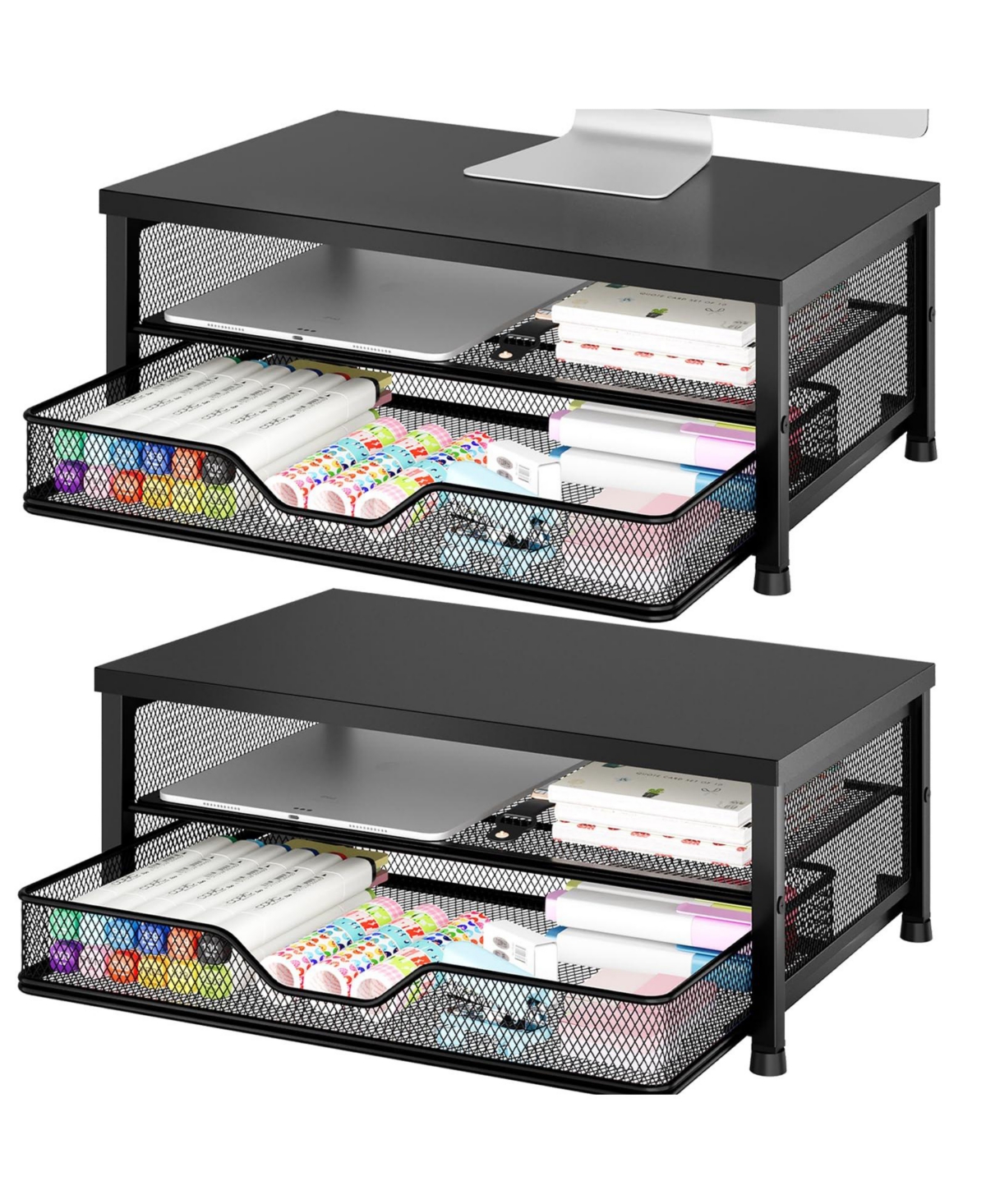 Four Candies Monitor Stand Riser Desk Organizer With Drawer 2 Tier Ergonomic Space Saving Stable Desktop Storage - Black