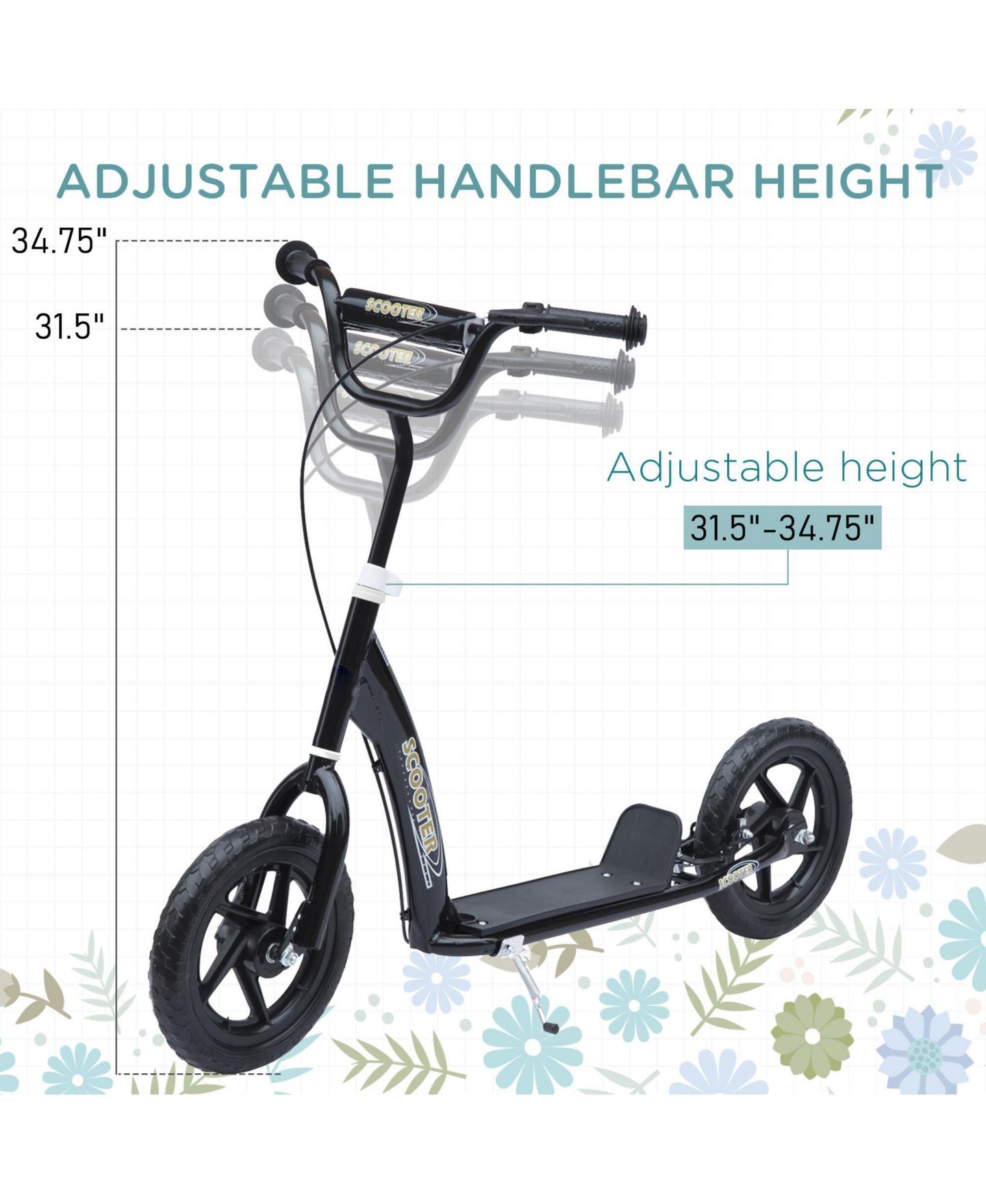 Детская игрушка Glintex Kids Steel Kick Scooter with Adjustable Handlebar and 12" Big Wheels, 110-lb Capacity, Ages 5-12, цвет: Чёрный — фото 6