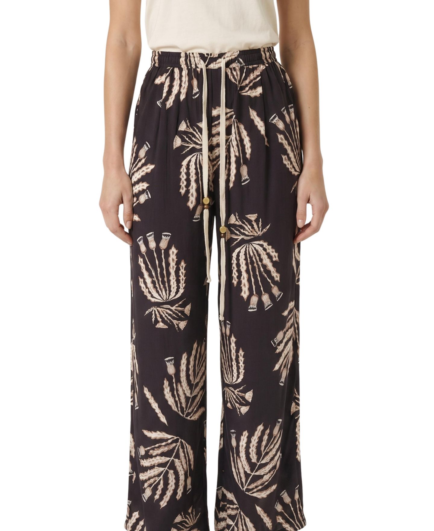 Женские брюки Modenaire Botanical Print Drawstring Wide Leg, цвет: Чёрный — фото 1