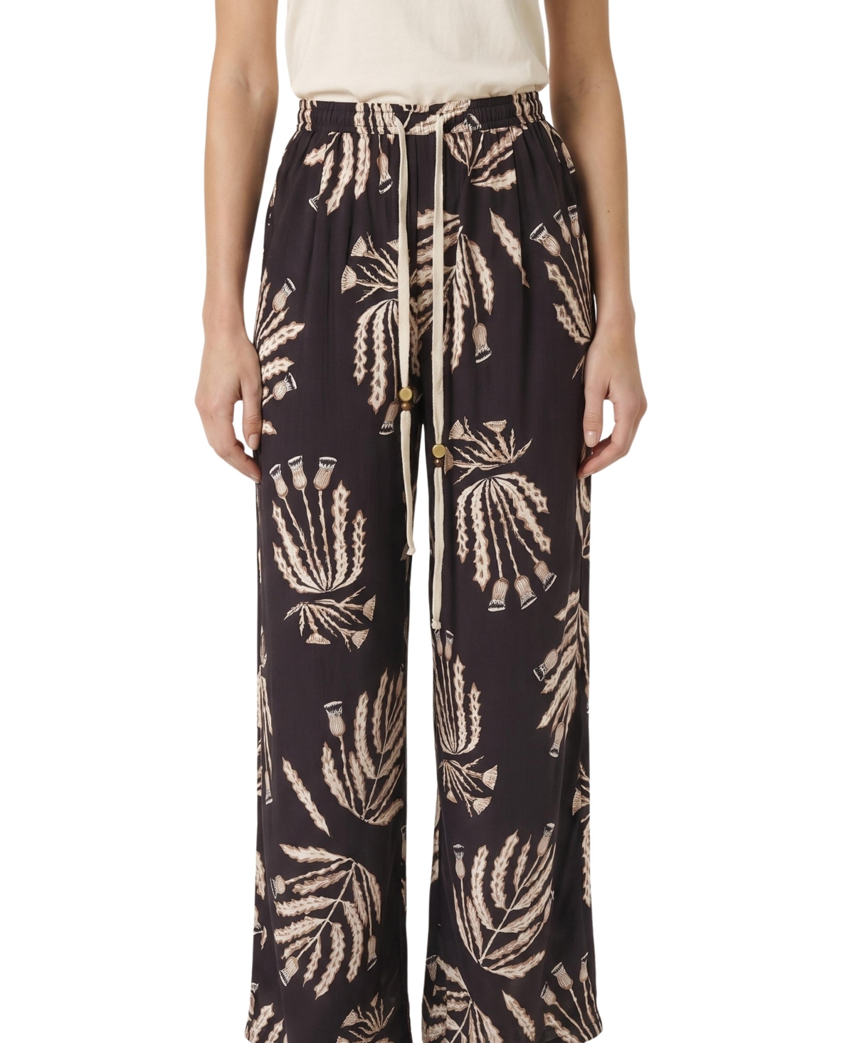Modenaire Women's Botanical Print Drawstring Wide Leg Pants