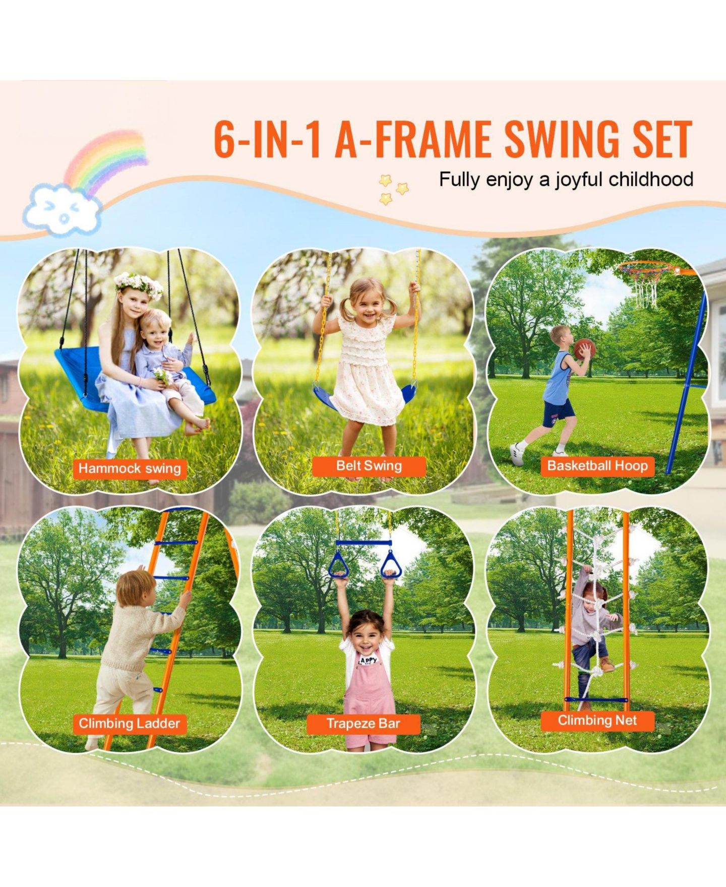 Детские игрушки Glintex 6-in-1 Metal A-Frame Swing Set with 2 Swings, Trapeze Bar, Climbing Ladder, Climbing Net & Basketball Hoop, 440 lb Capacity, Ages 3-12, цвет: Синий — фото 4