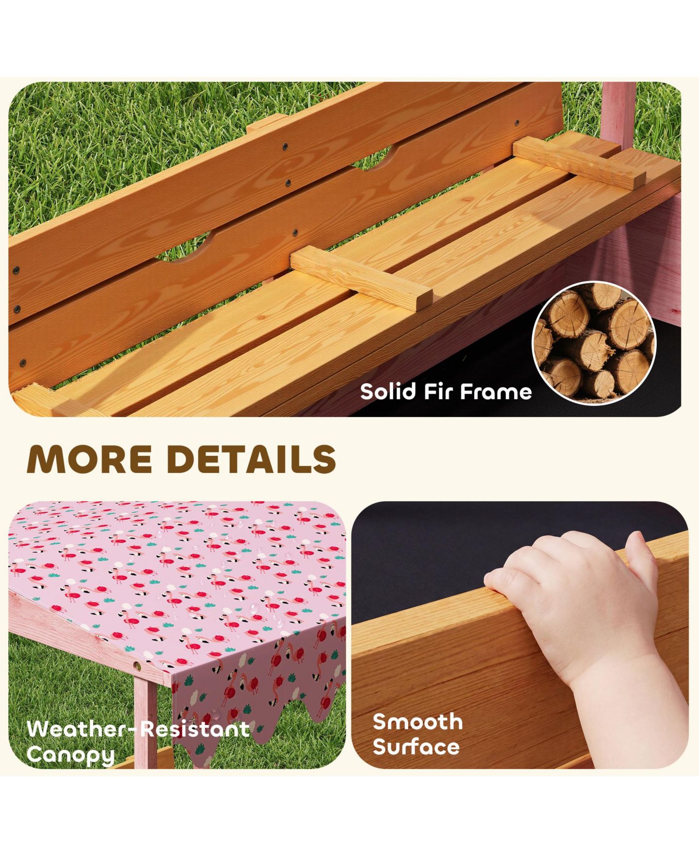 Детская игрушка Glintex Wooden Kids Sandbox with Flamingo Print Canopy and Fold-Down Bench Cover, 53"L x 50.2"W x 51.2"H, Ages 3-6, цвет: Розовый — фото 7