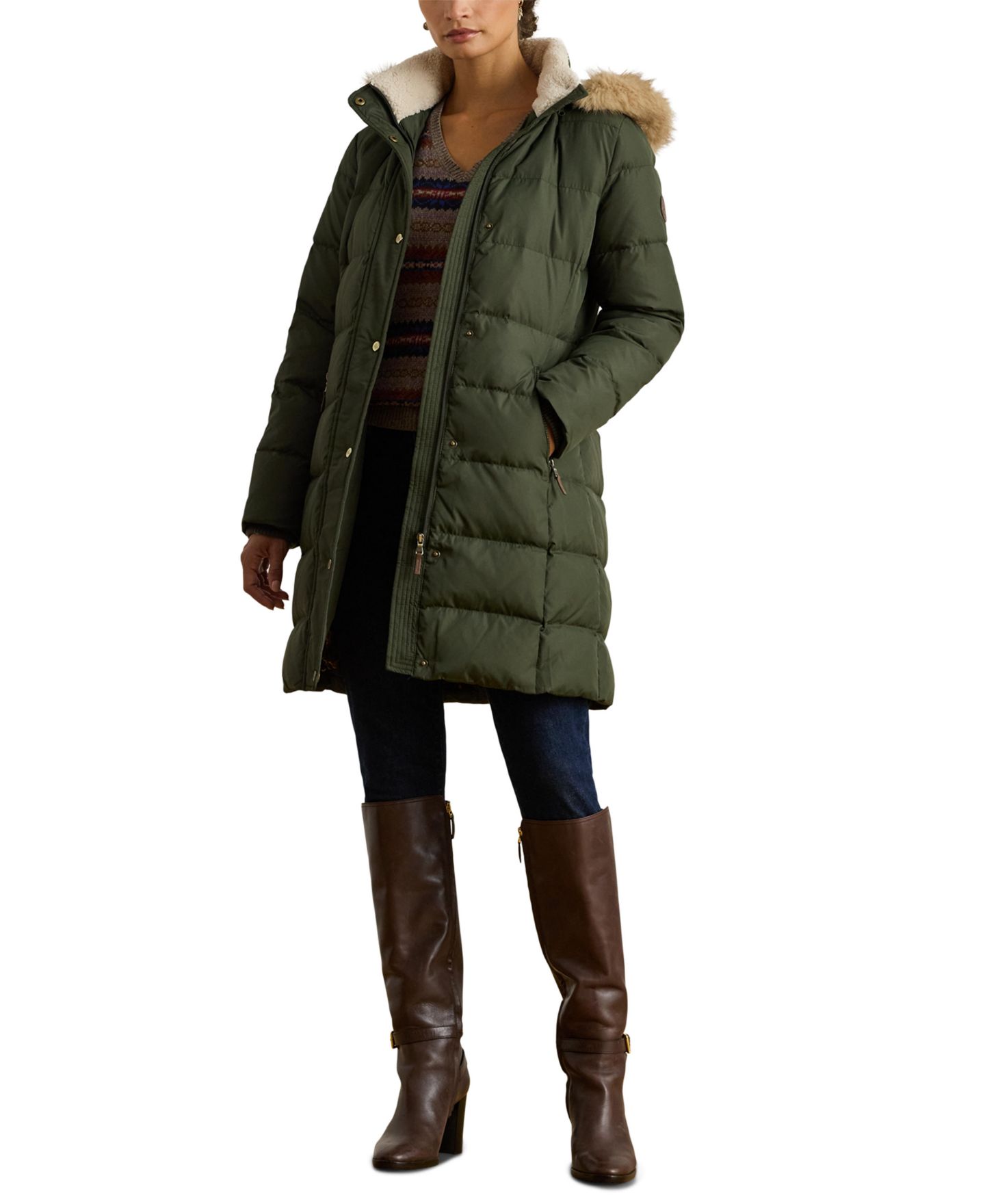 Женское пальто Lauren Ralph Lauren Hooded Down Channel-Quilted, цвет: Тёмно-зелёный — фото 1