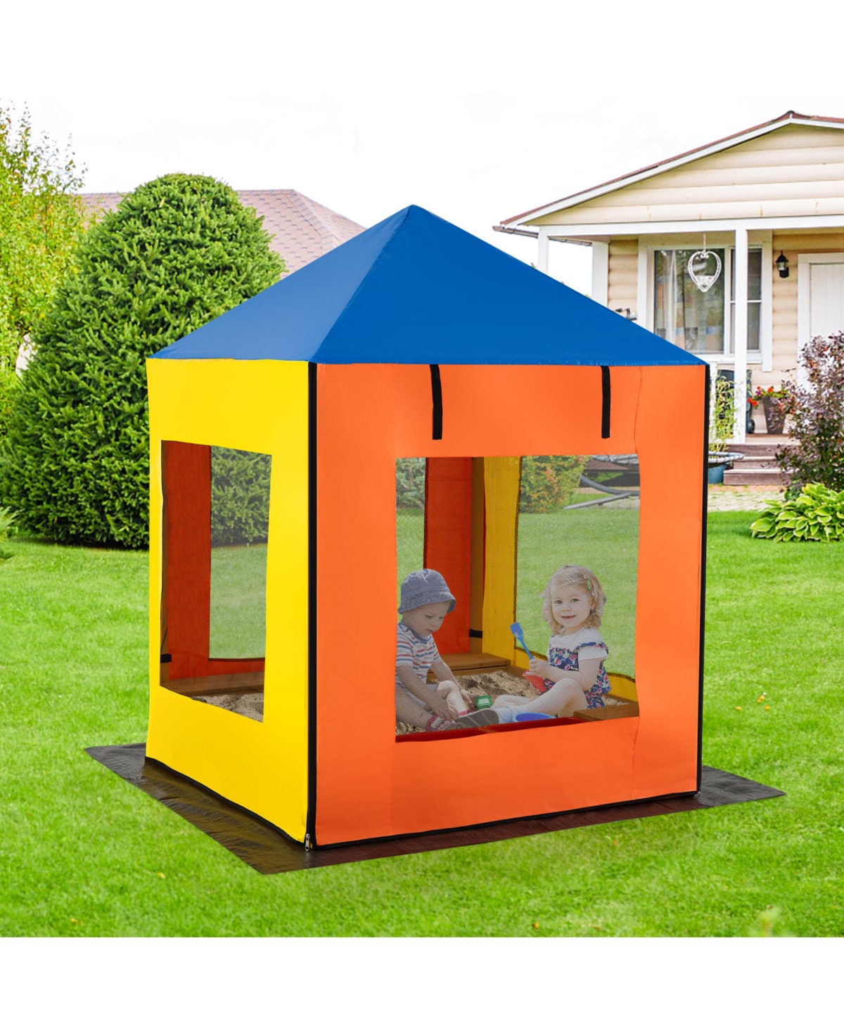 Glintex Kids Sandbox, 43.5 x 43.5 in Wooden Sand Pit with Full Canopy, 4 Mesh Windows, Storage Benches, 2 Bins and Bottom Liner