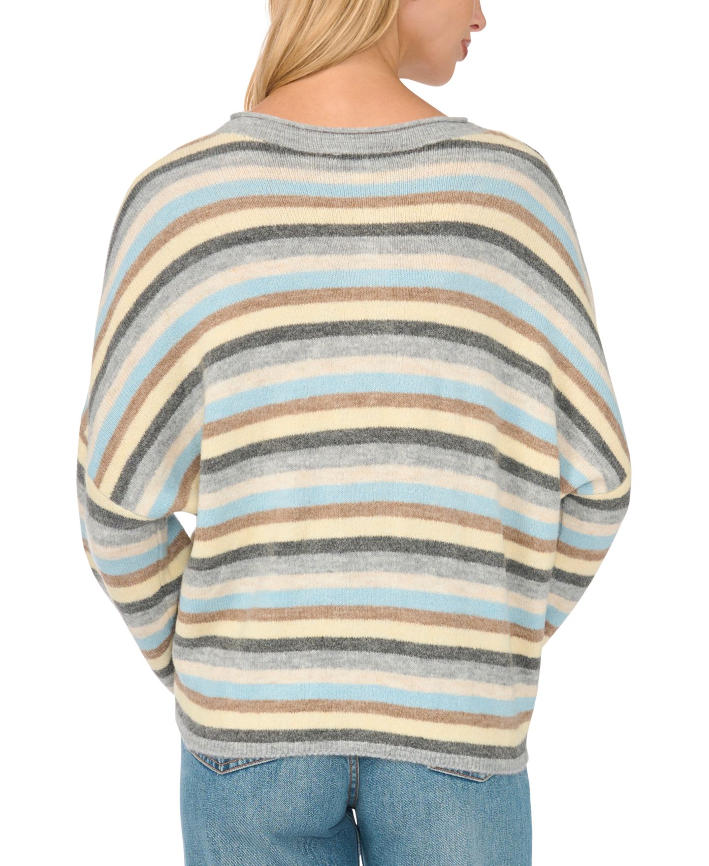 Женский кардиган CeCe Striped Crewneck Long-Sleeve Cardigan, цвет: Светлый меланжевый серый — фото 3