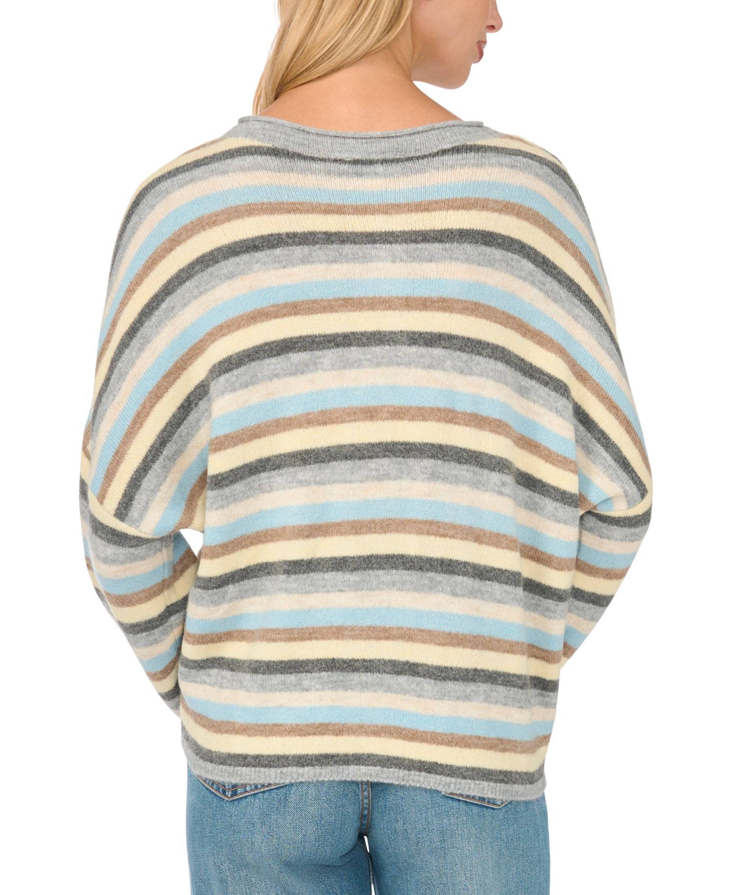 Women's Striped Crewneck Long-Sleeve Cardigan Sweater