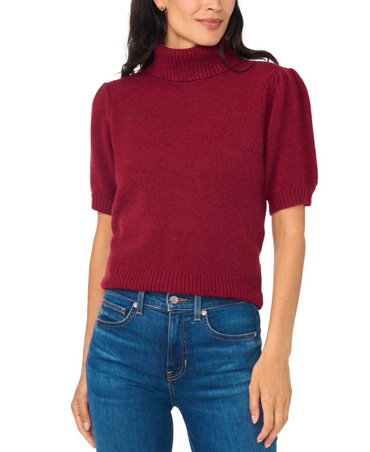 CeCe Women's Turtleneck Puff-Sleeve Short-Sleeve Sweater