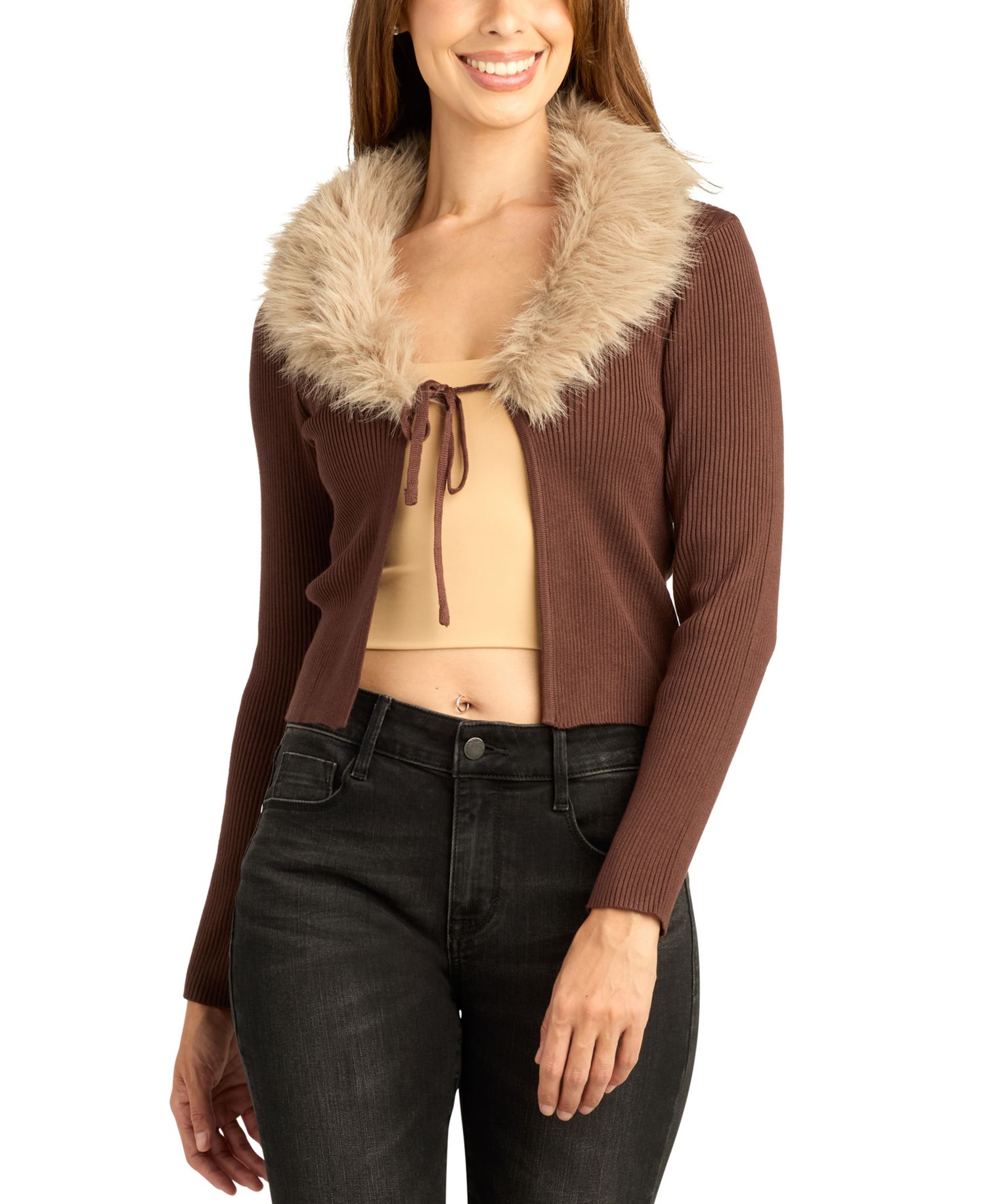 Juniors' Cropped Tie-Front Faux-Fur Cardigan Sweater