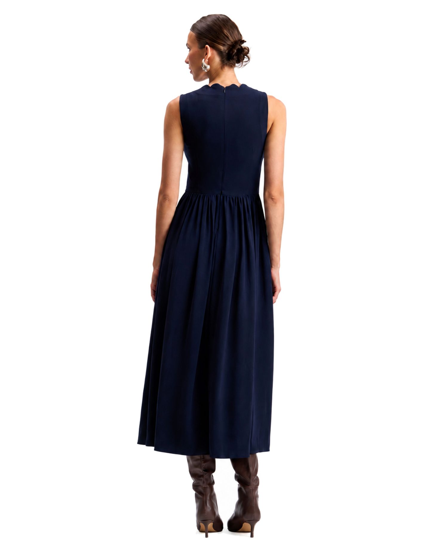 Women's Scallop-Neck Button-Front Stretch Crepe Maxi Dress