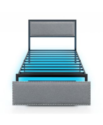 Full Queen Twin Size Bed Frame with LED Lights Drawer and Metal Slats Twin Size